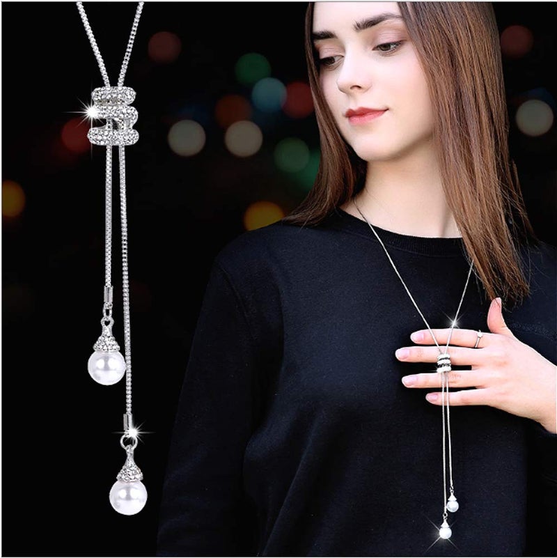 Sither Cathercing Spiral Pearl Pendant Long Necklace for Women Sweater Chain Statement Necklace Choker Adjustable Elegant Jewelry Crystal Accessories Dressy Collocation Winter Evening Party Wedding - Image 3